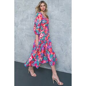 Flying Tomato Like a Princess Woven Midi Dress Medium Floral Smocked Psychedelic